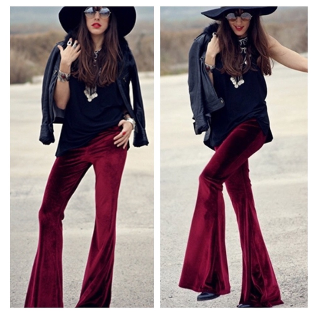 🆕 Wine Velvet Bell Bottom Pants. S-M-L